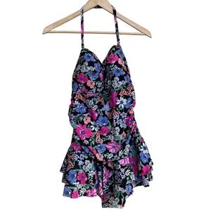 Misha Levine Floral Halter Swimdress One Piece Swimsuit Black Pink Blue Size 16